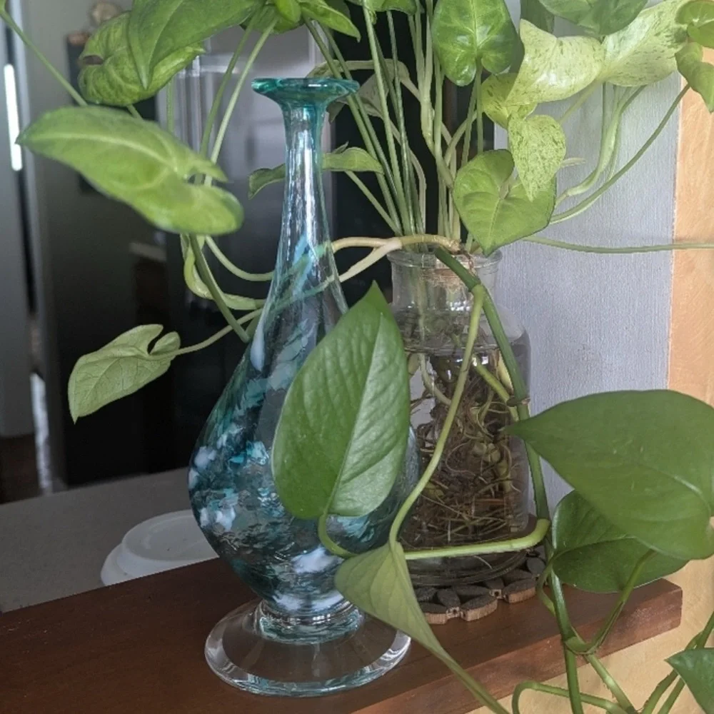 LC ROFF Vase Hand Blown Glass Teardrop Signed Swirls 9” Tall Aqua